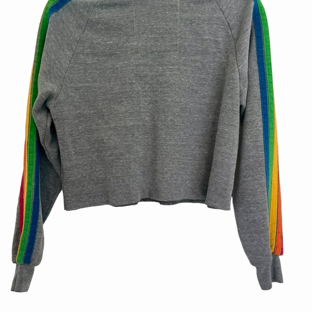 Aviator Nation Gray Cropped Crewneck with Rainbow Sleeve Stripes - Picture 2 of 8